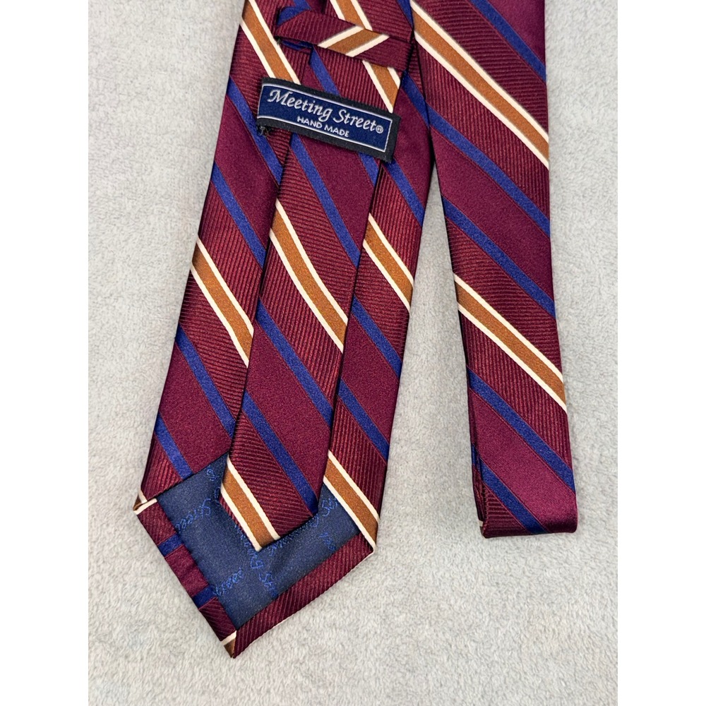 Meeting Street Mens Silk Necktie Burgundy Navy Blue Gold Striped Handmade‎ Tie